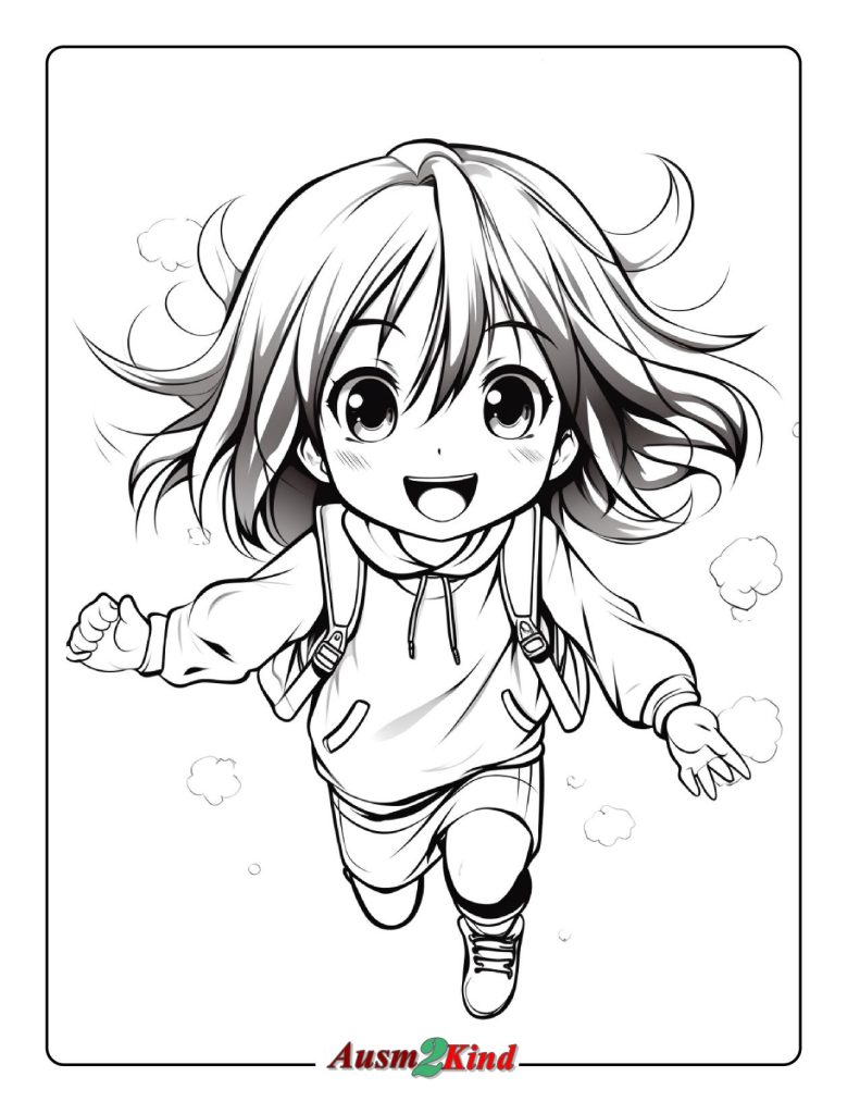 Ausmalbild Anime Mädchen rennt zur Schule
