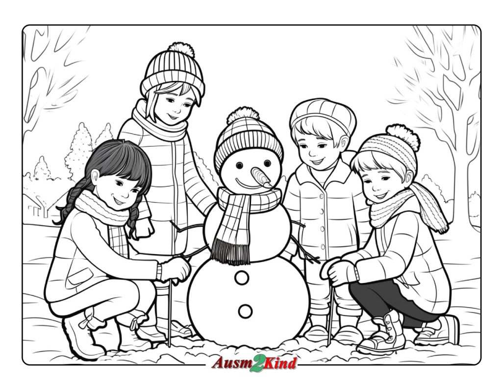Ausmalbild - Junge und Mädchen bauen einen Schneemann