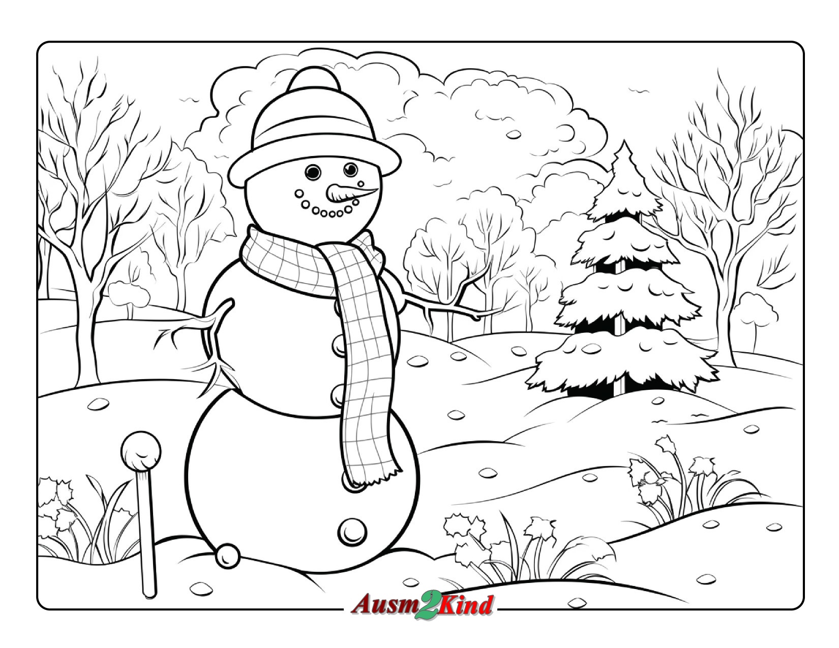Ausmalbilder Schneemann und Weihnachtsbaum