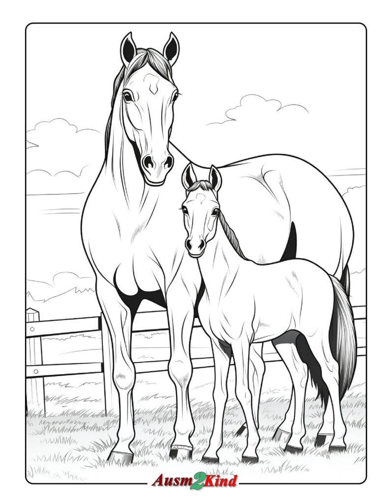 Ausmalbilder Pferd und Fohlen auf dem Bauernhof