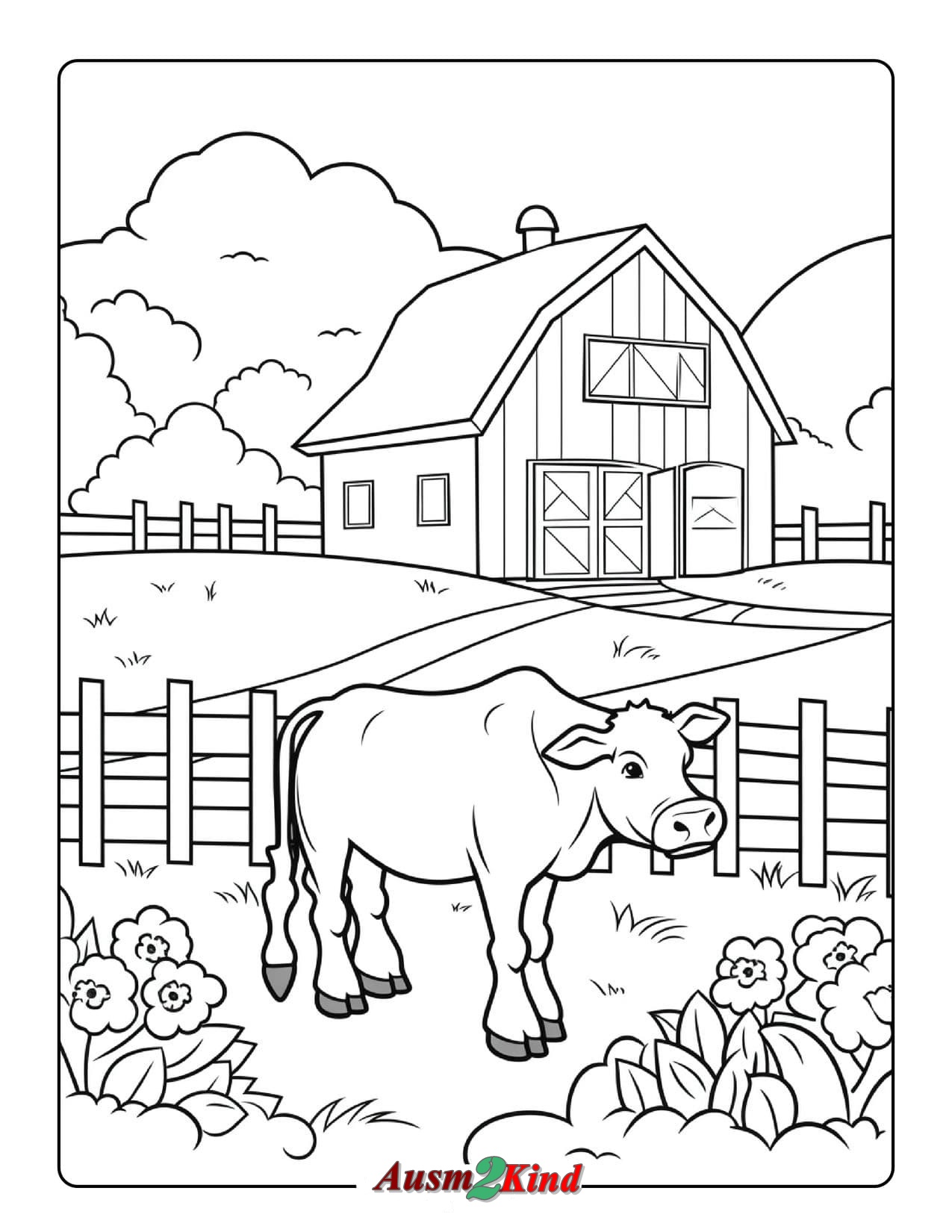 Ausmalbild Kuh und Bauernhof