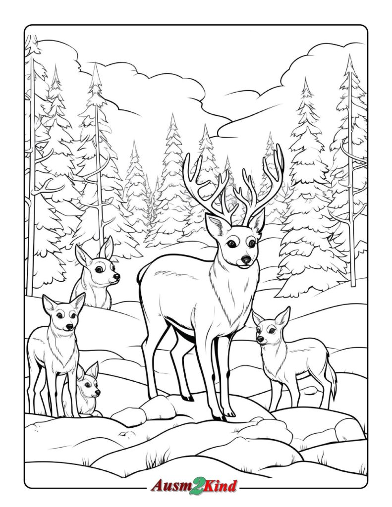 Ausmalbild - Tiere im Wald im Winter zum Ausdrucken