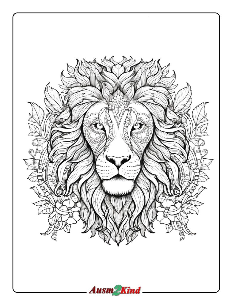 Ausmalbild Löwenkopf mit Mandala Muster