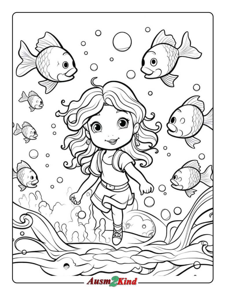 Ausmalbilder Mädchen schwimmt mit Fisch