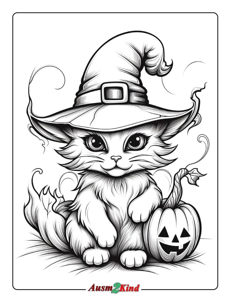 Verzauberte Katze für Halloween Ausmalbilder zum Ausdrucken