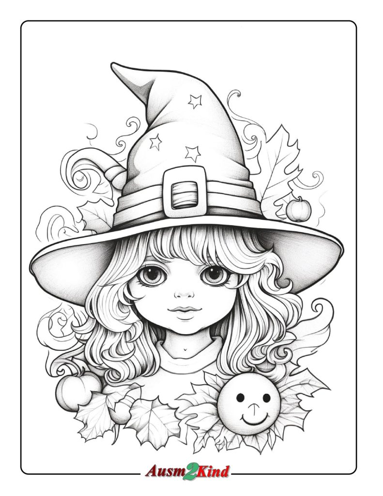 Süße Hexe mit Kürbis Hut für Halloween Malvorlagen