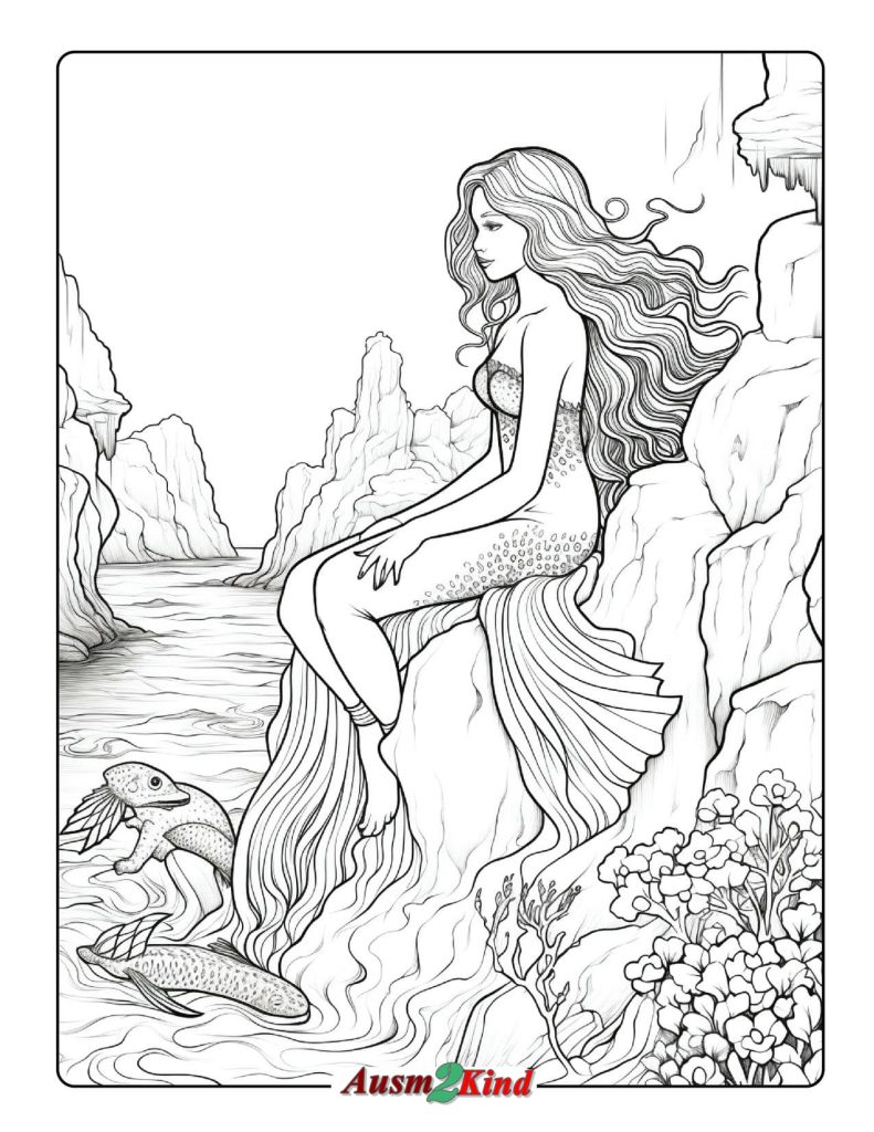 Ausmalbilder Meerjungfrau sitzt auf einem Stein