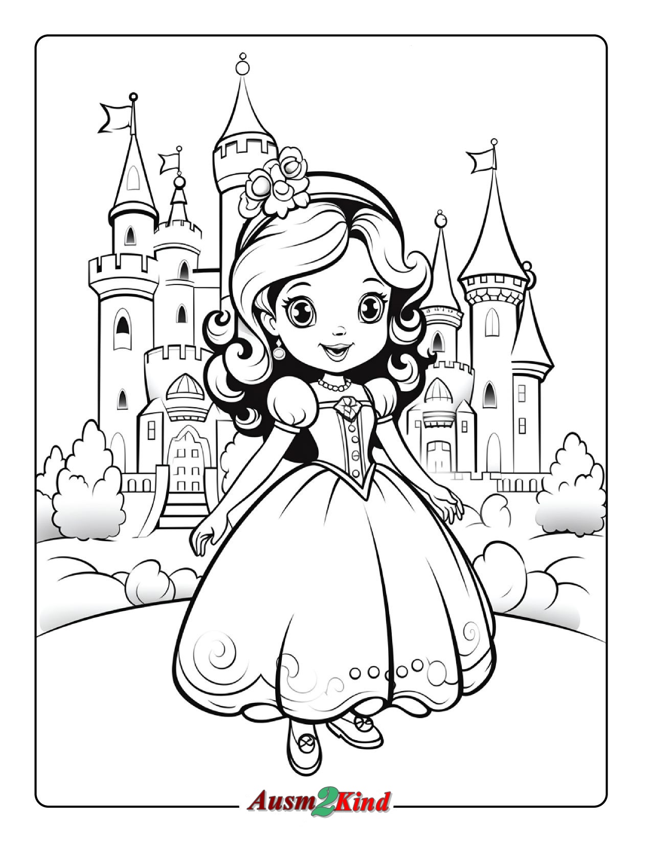 Ausmalbild Prinzessin spaziert in der Nähe des Schloss