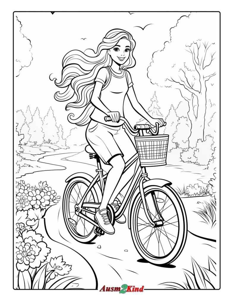 Ausmalbild Barbie auf dem Fahrrad Kostenlos zum Ausdrucken