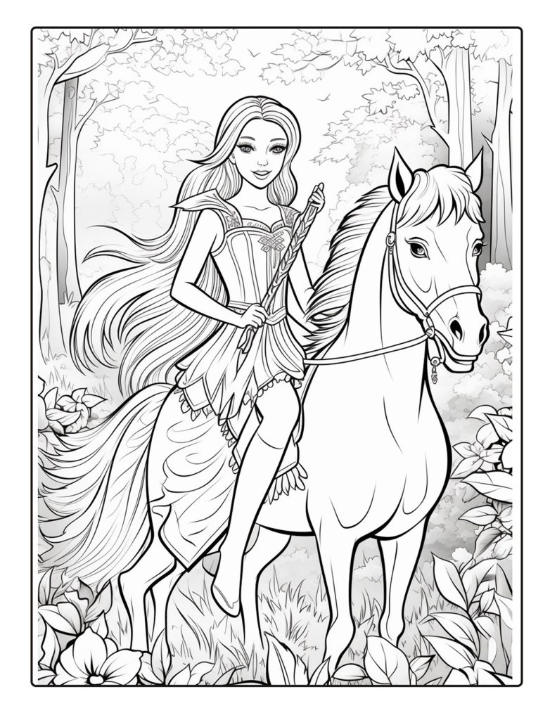 Ausmalbild Barbie mit Pferd für Mädchen