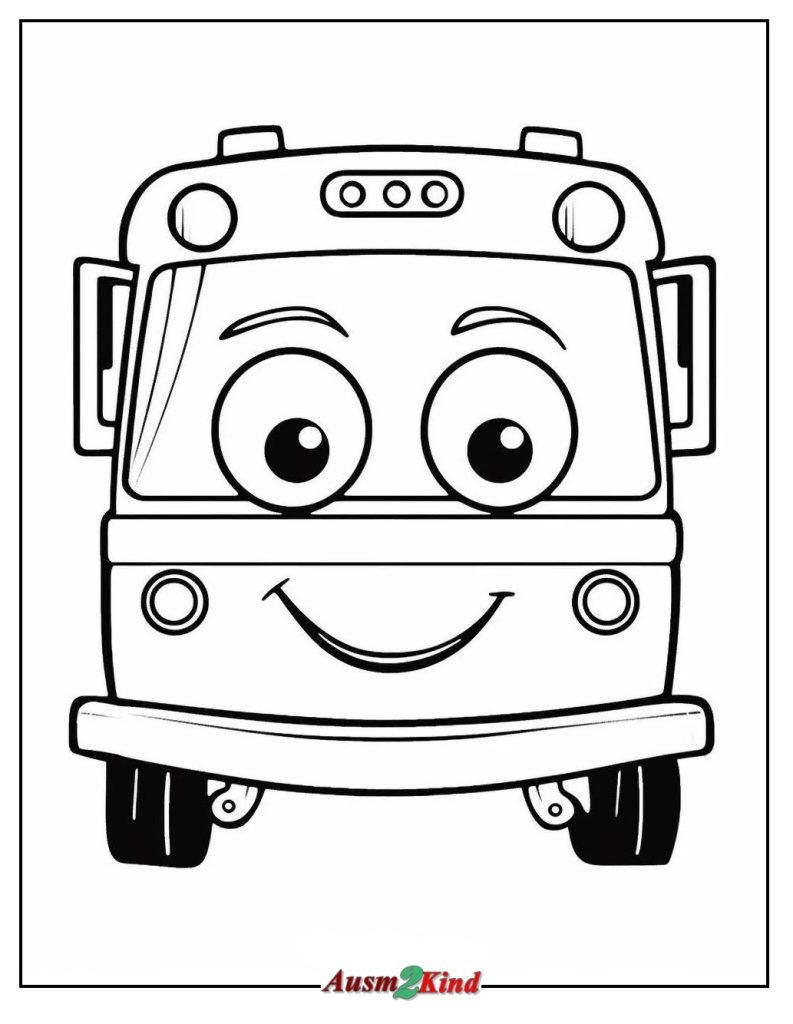 Ausmalbild Lächelnder Schulbus mit den Augen für Kinder