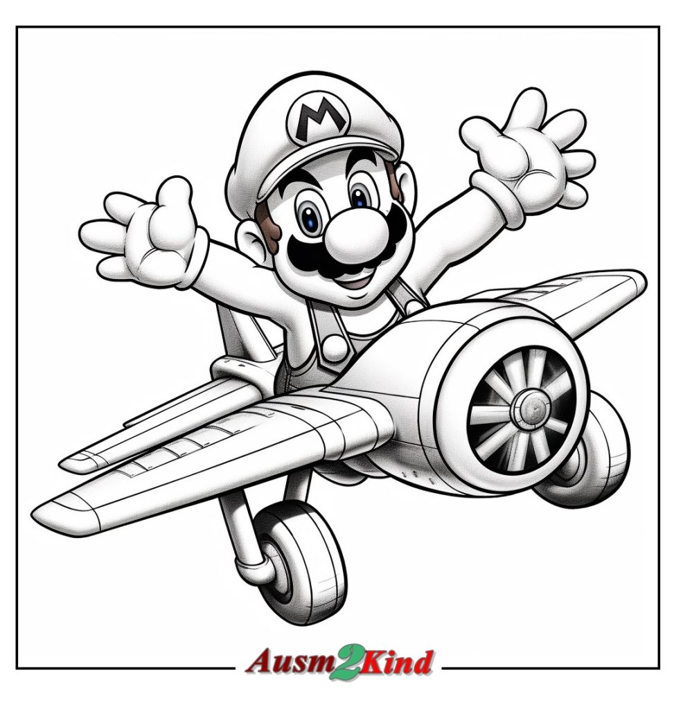 Ausmalbild Mario fliegt mit einem Flugzeug