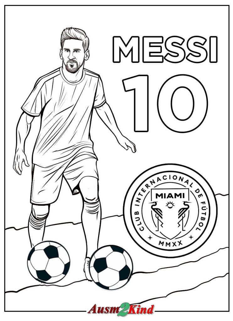 Ausmalbild Messi spielt Fußball für Kinder