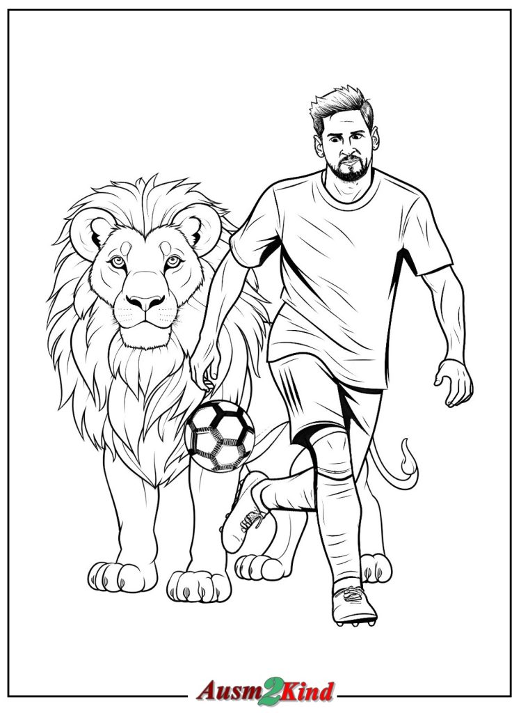 Ausmalbild Messi und der Löwe zum Ausdrucken als PDF