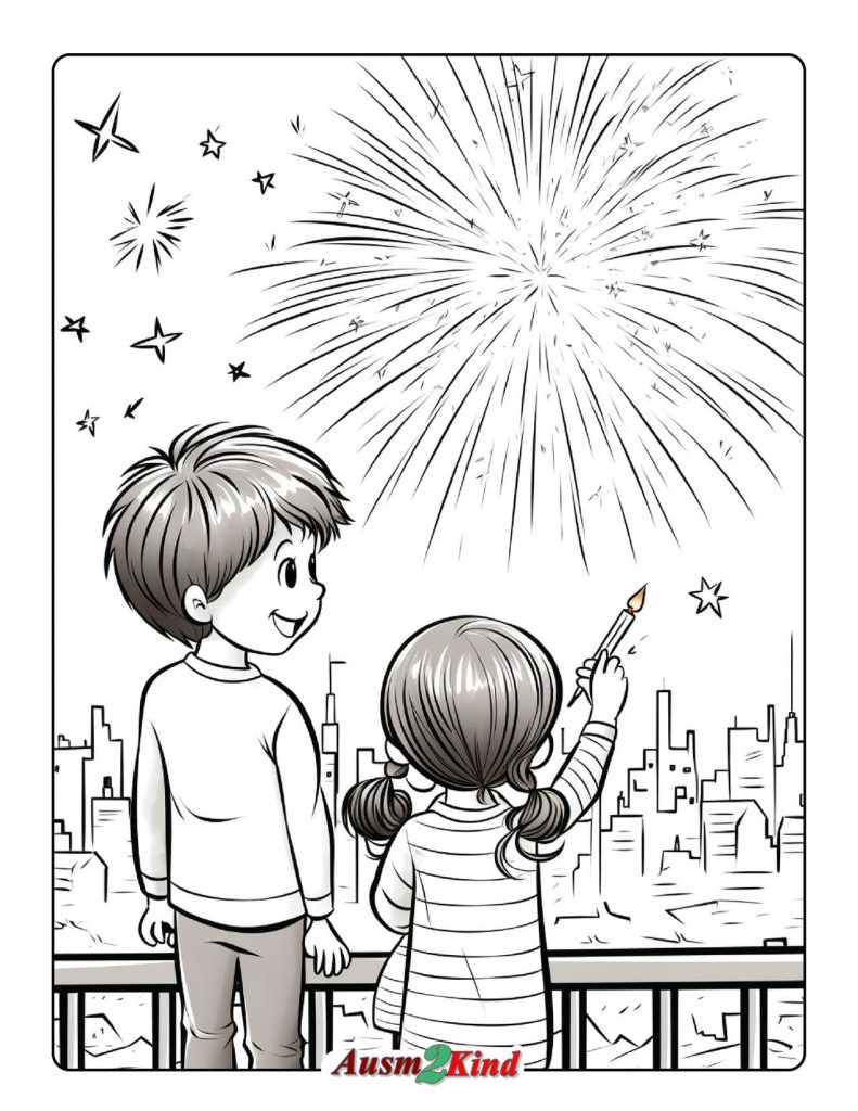 Ausmalbild Silvester Feuerwerk für Kinder