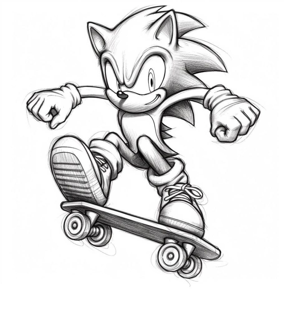 Ausmalbild Sonic auf Skateboard zum Ausdrucken
