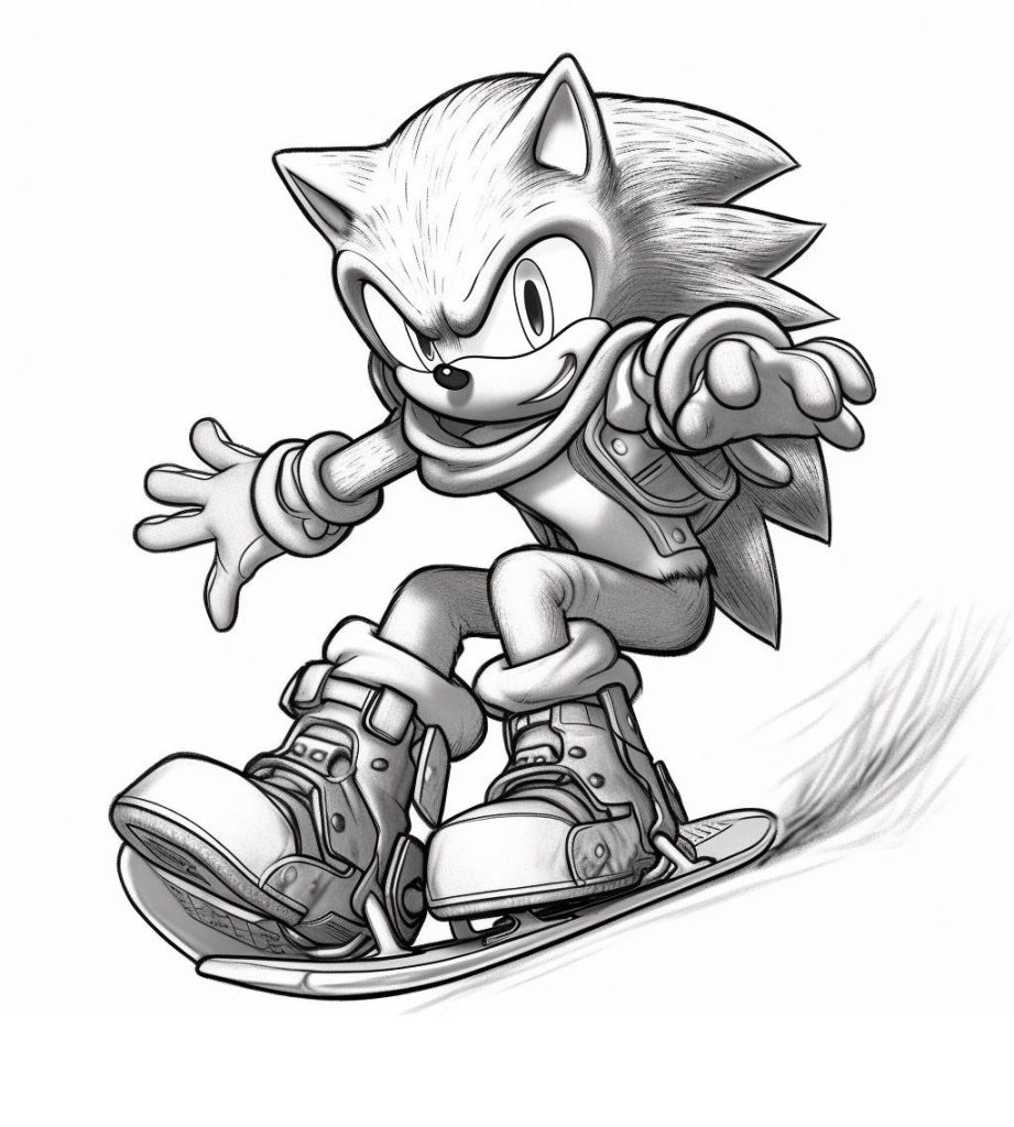 Ausmalbild Sonic mit Snowboard