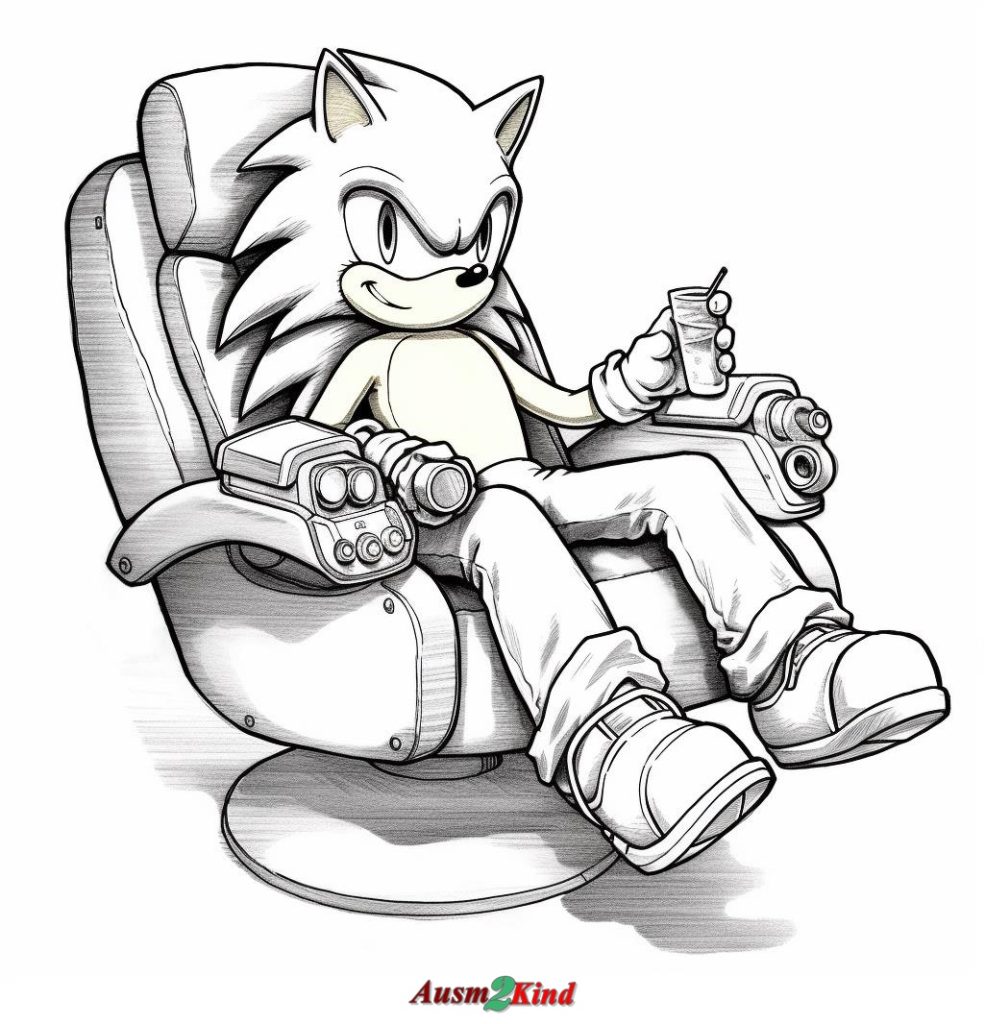 Ausmalbild Sonic the Hedgehog entspannt auf einem Stuhl zum Ausdrucken