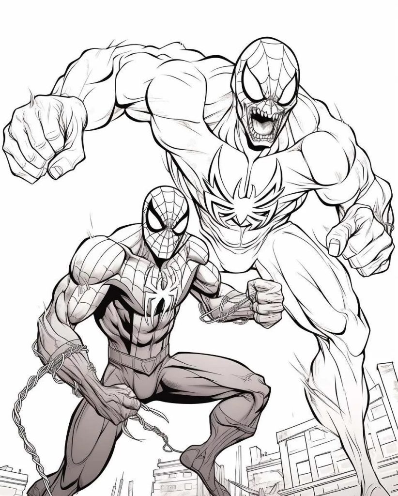 Ausmalbild Spiderman gegen Venom für Kinder und Erwachsene