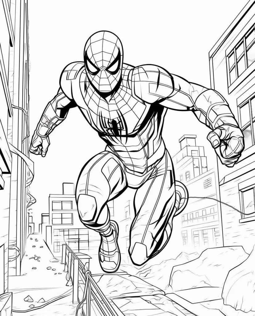 Ausmalbild Spiderman in der Stadt zum Ausdrucken