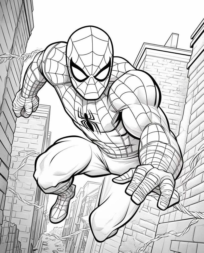 Ausmalbild Spiderman klettert auf ein Hochhaus