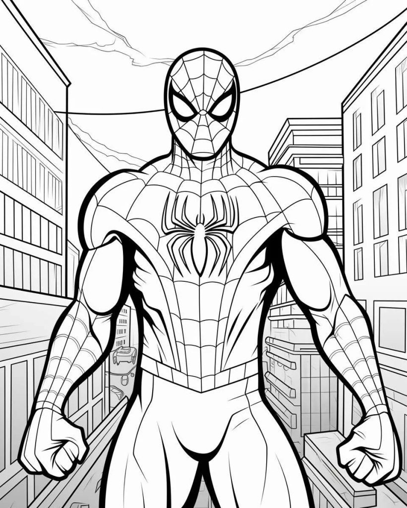 Ausmalbild Superheld mit Spinnenmuster am Anzug für Kinder