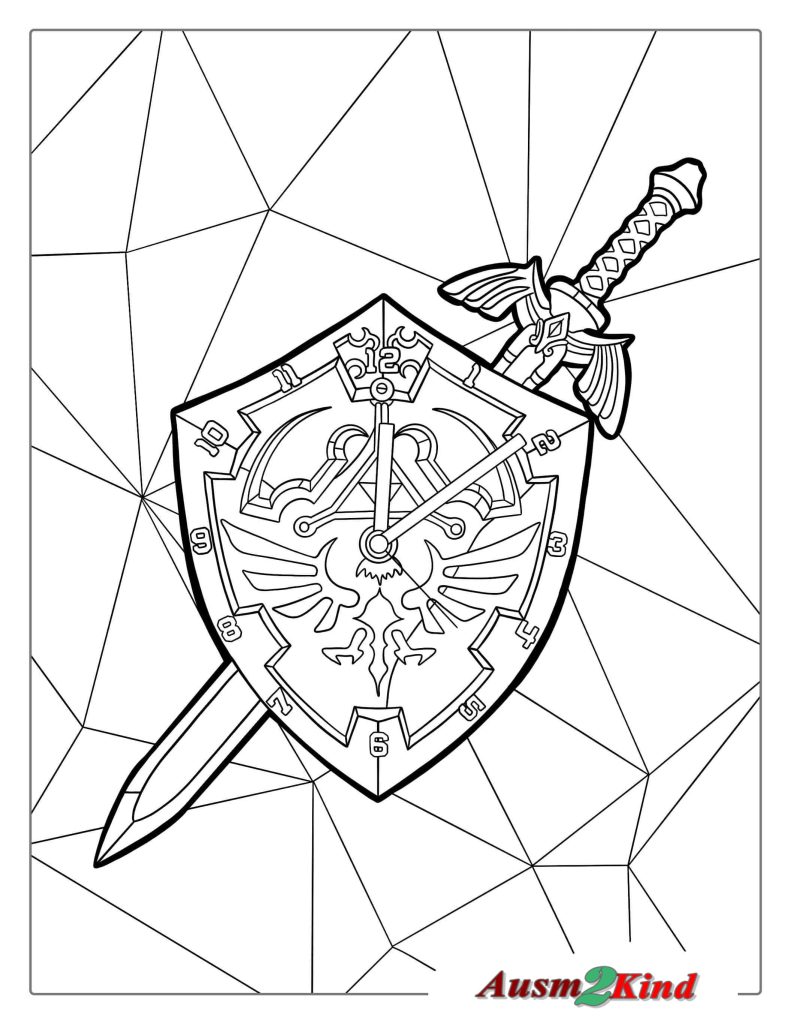 Ausmalbild Zelda Schild und Schwert zum Ausdrucken