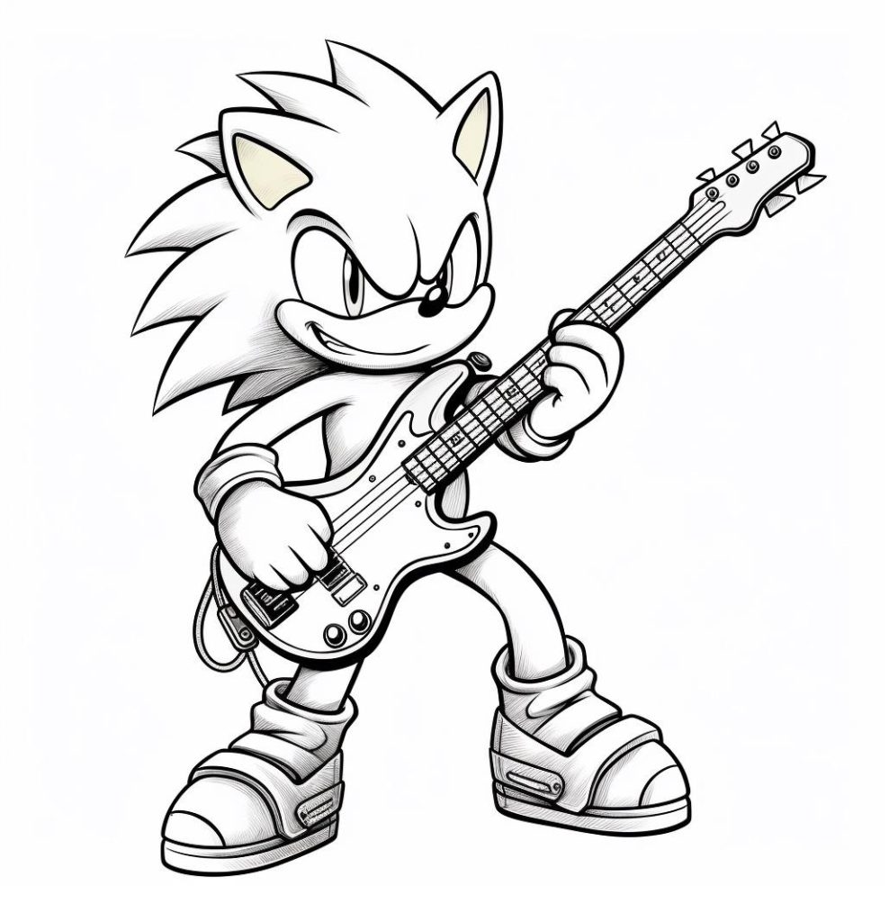 Ausmalbild Sonic the Hedgehog mit Bassgitarre Kostenlos
