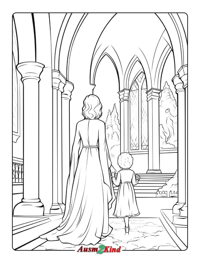 Kleines Mädchen geht mit ihrer Mutter in die Kirche Ausmalbild