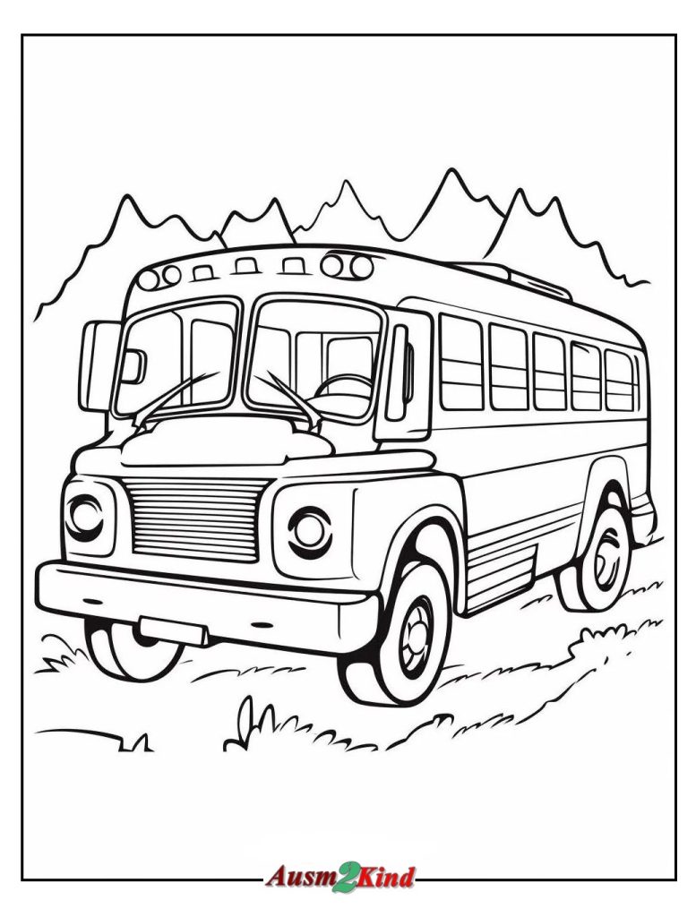 Malvorlage Langer Bus gegen Natur und Berge