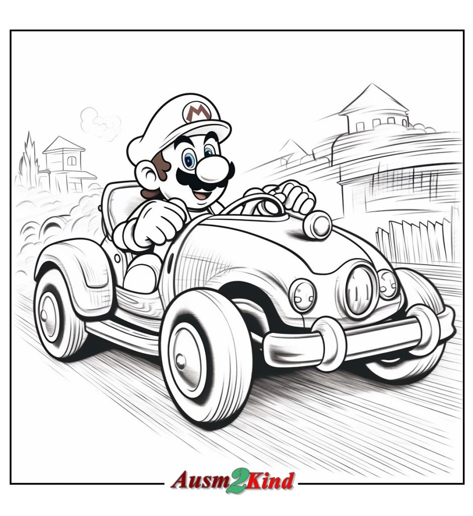 Ausmalbild Mario im Kart für Kinder und Erwachsene