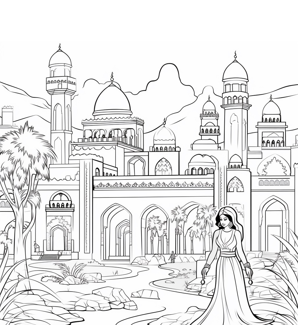Ausmalbilder Prinzessin Jasmin in Exotischer Agrabah Landschaft - Kostenlos