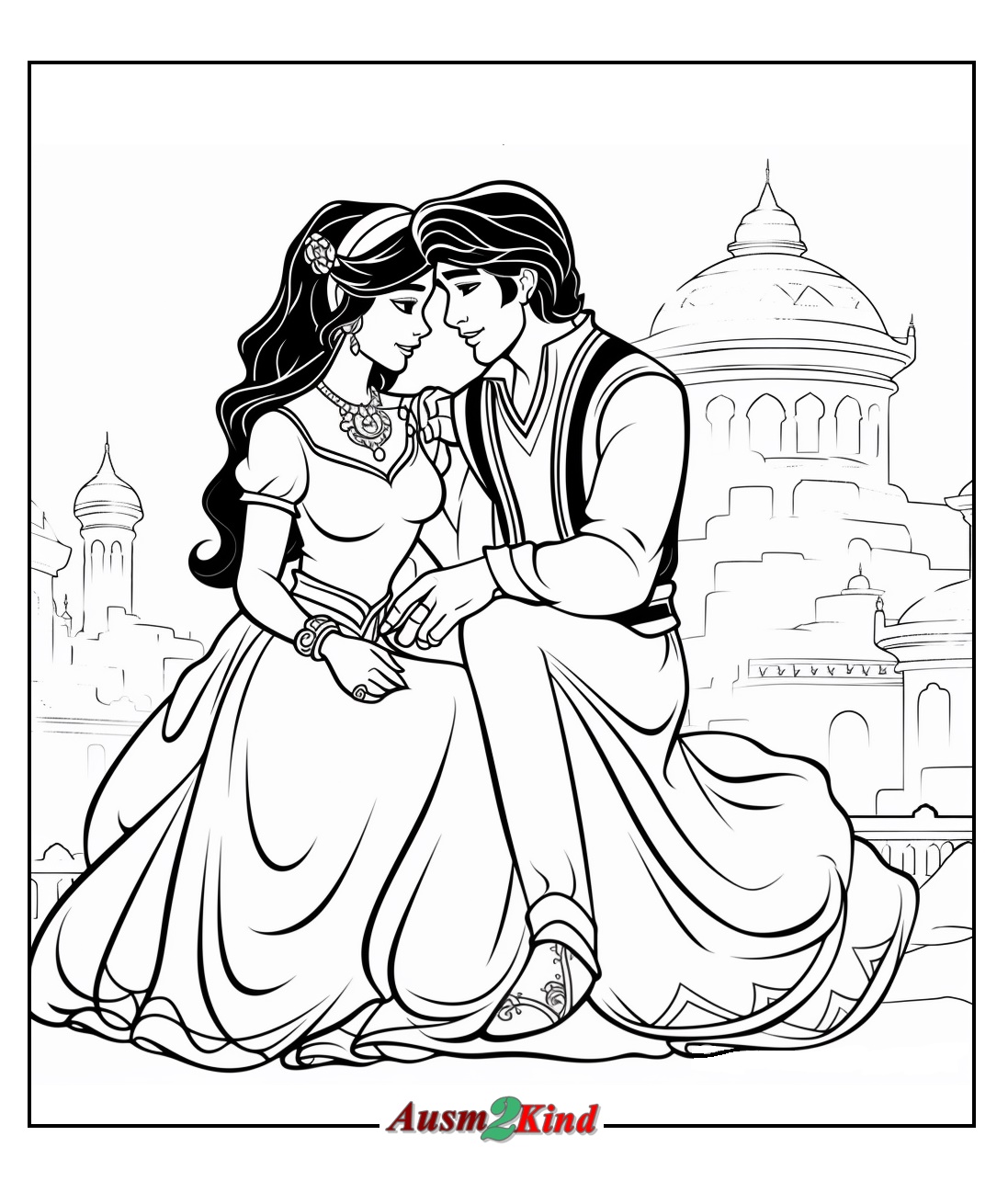 Ausmalbild Prinzessin Jasmin und Aladdin Romantischer Moment