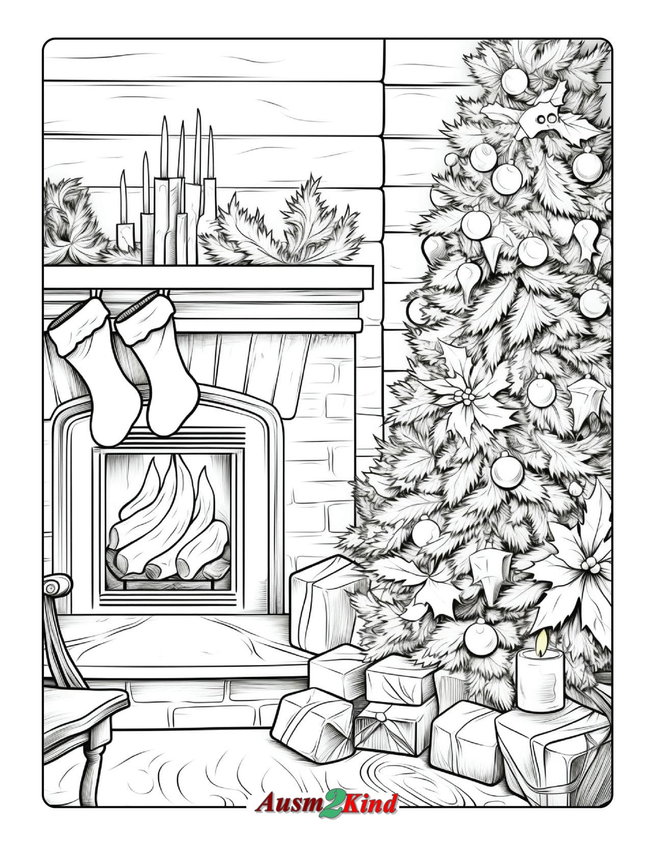 Ausmalbild Weihnachtsstrümpfe hängen über dem Kamin