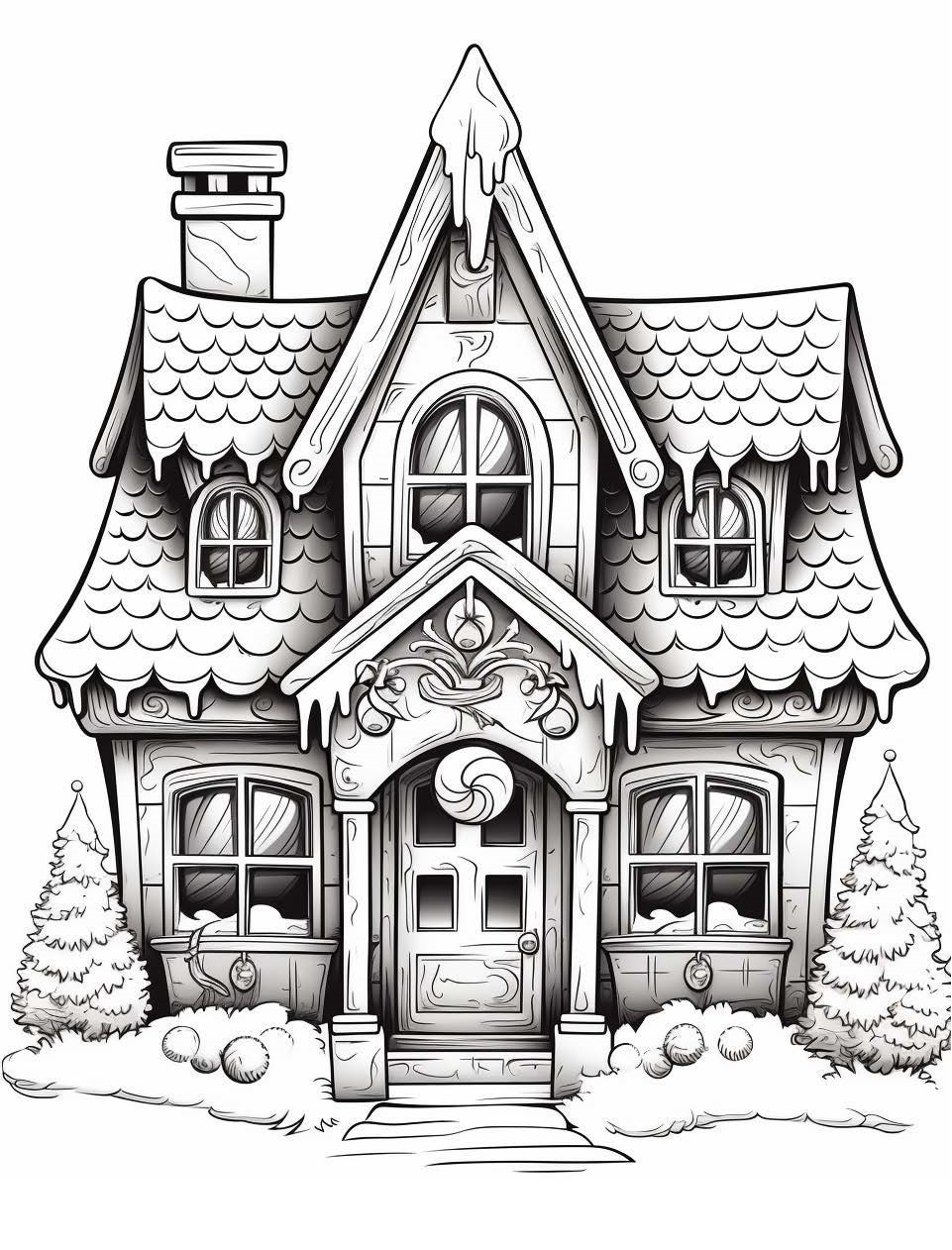 Detailliertes Ausmalbild Weihnachtshaus