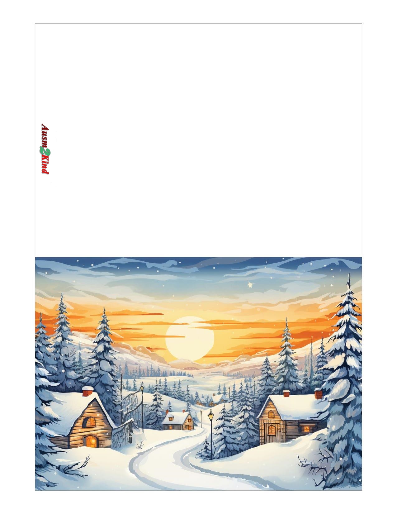 Weihnachtskarten zum Ausdrucken im Verschneiten Dorf Kostenlos zum Ausdrucken