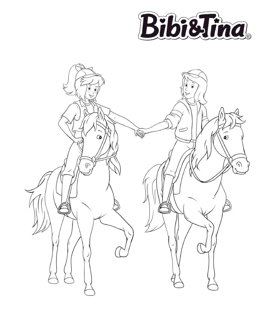 Ausmalbilder Bibi und Tina reiten auf ihren Pferde