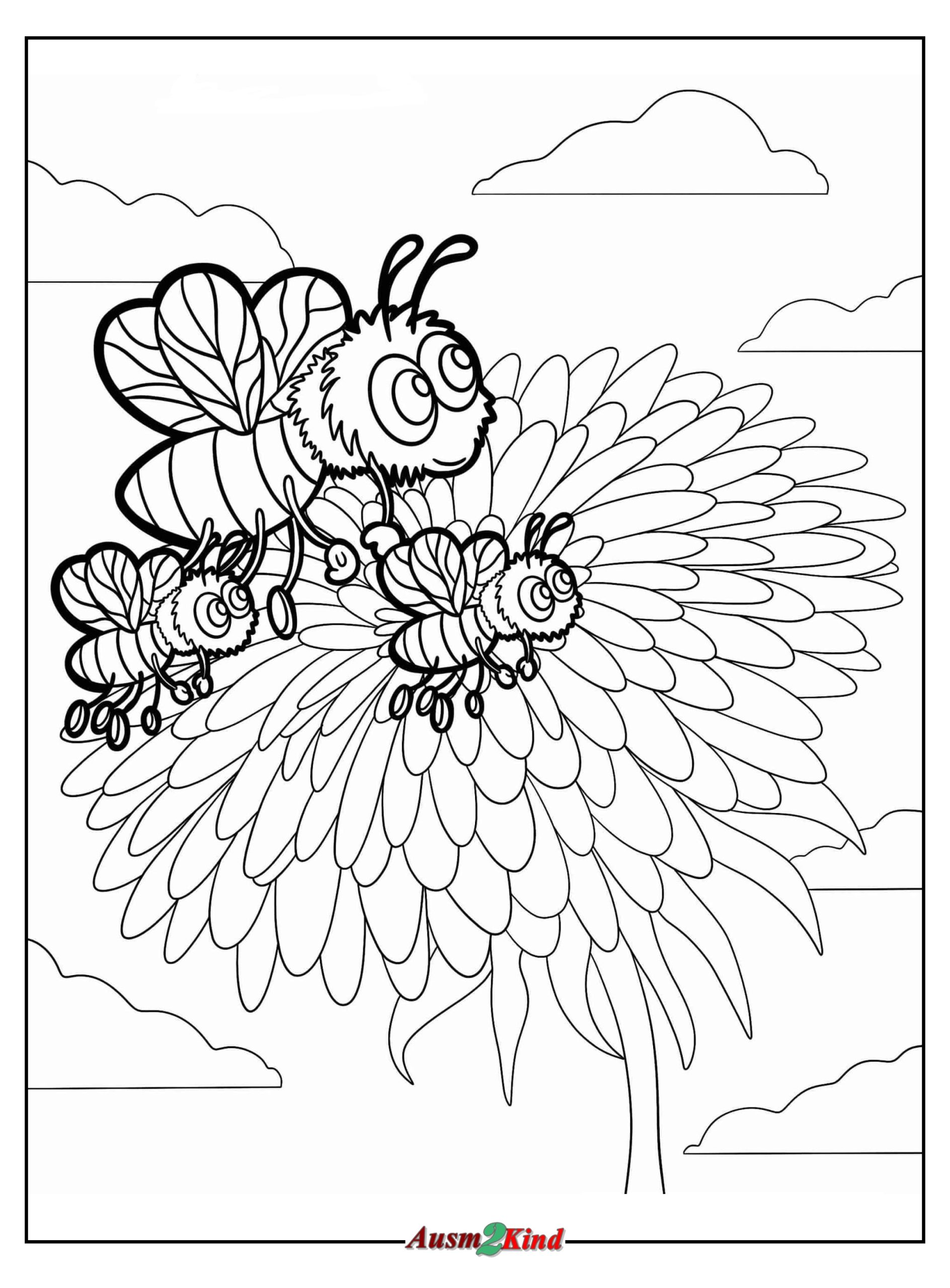 Drei Süße Bienen fliegen neben der Blume Ausmalbild