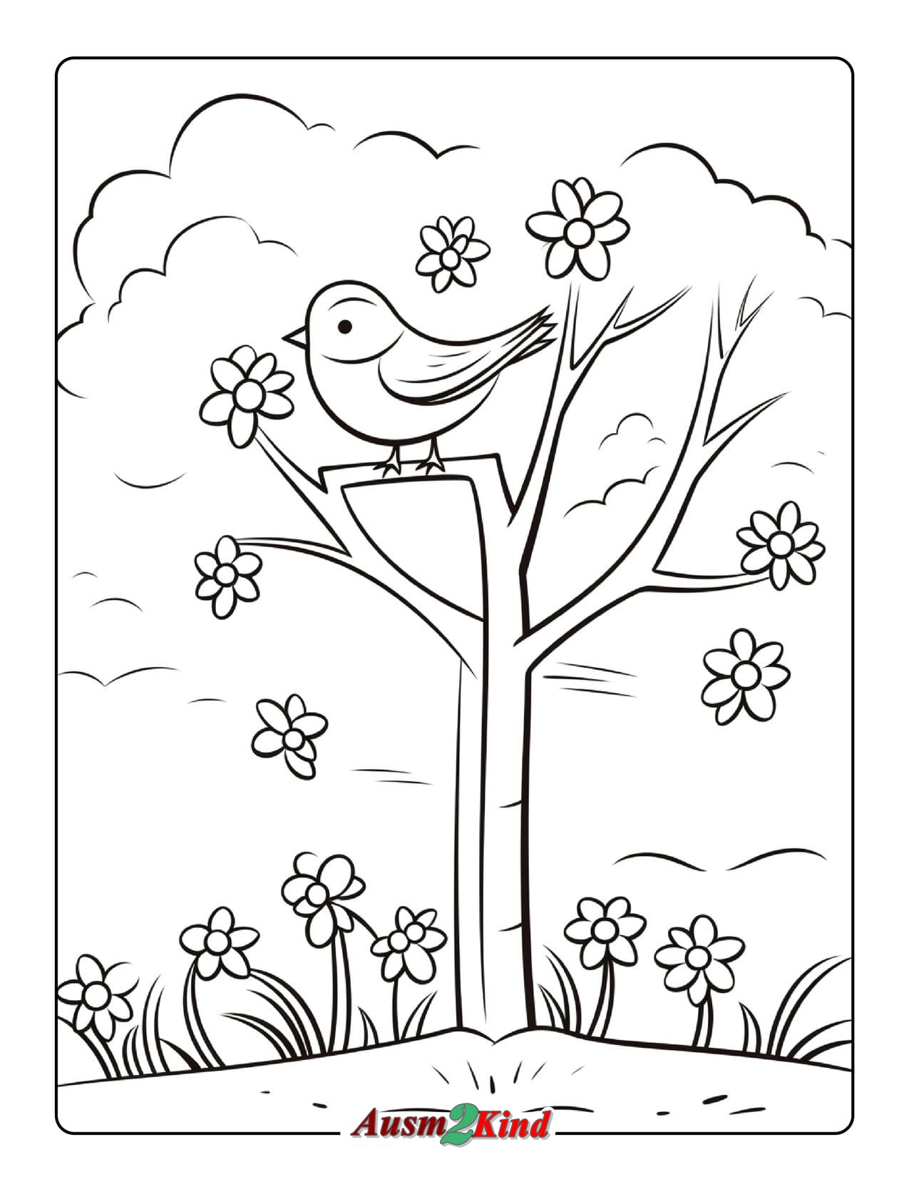 Ausmalbild Blühender Baum und Vogel im Frühling