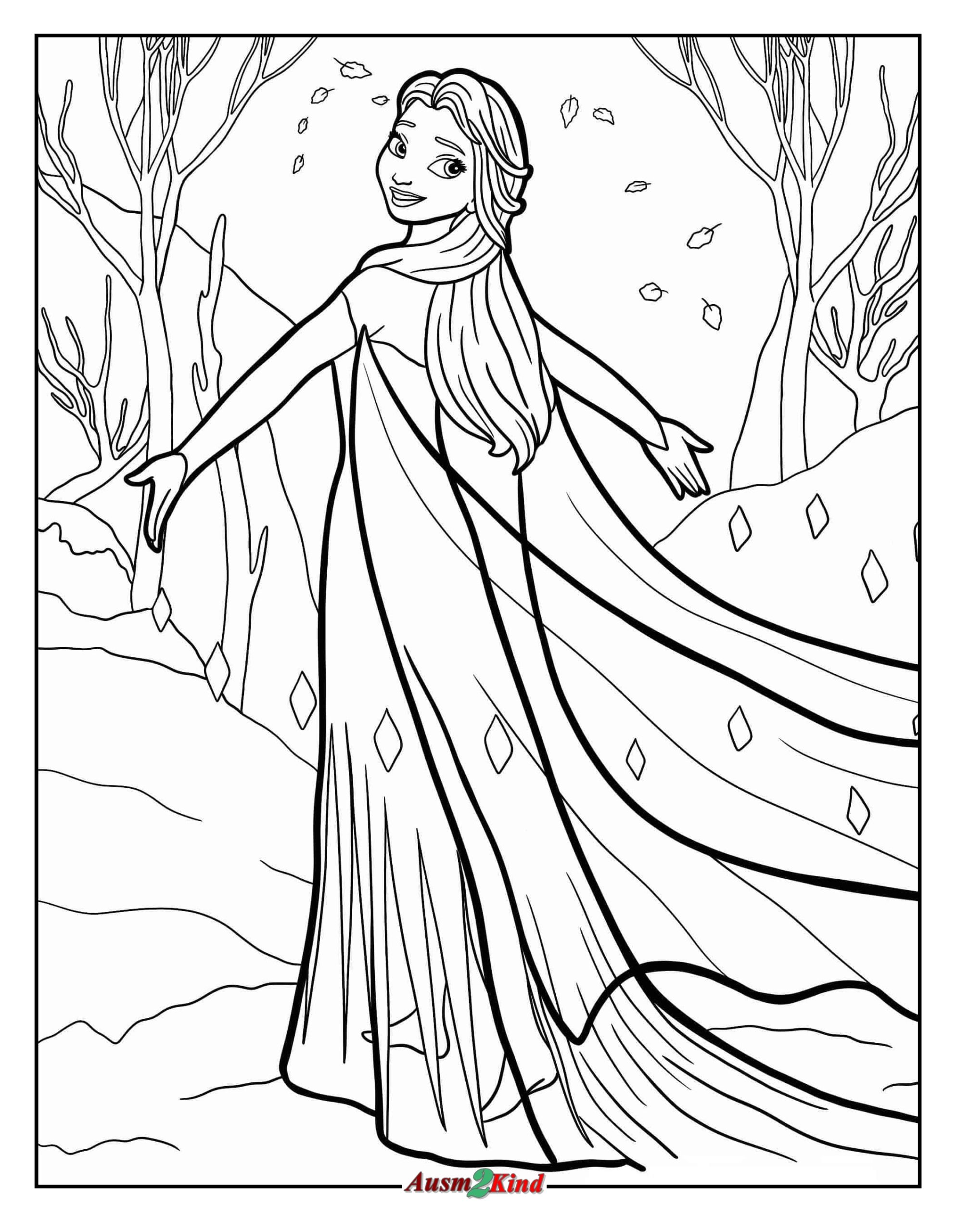 Ausmalbild Elsa mit großem Sturzflug Kleid zum Ausdrucken