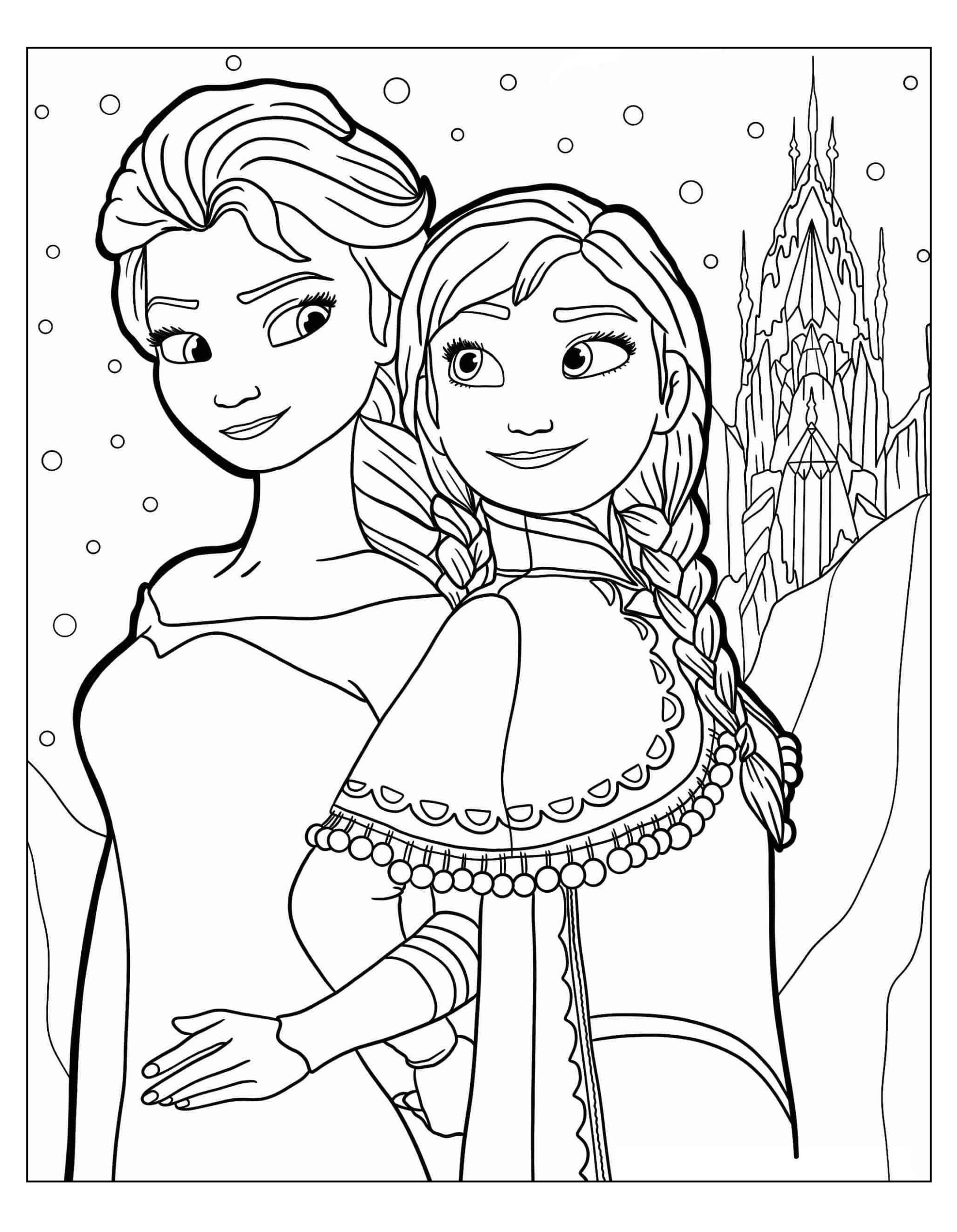 Ausmalbilder Elsa und Anna mit Schloss zum Ausdrucken