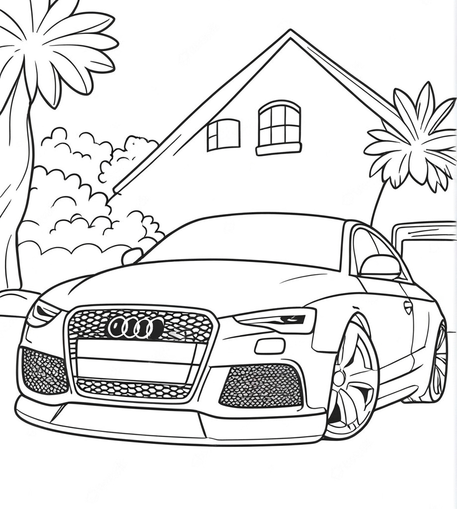 Ausmalbild Luxus Audi vor dem Haus