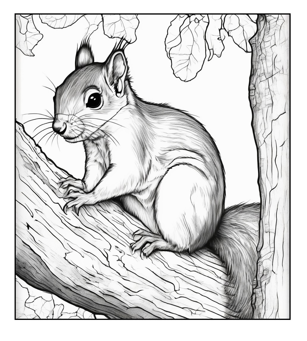 Ausmalbild Eichhörnchen auf Baumstumpf