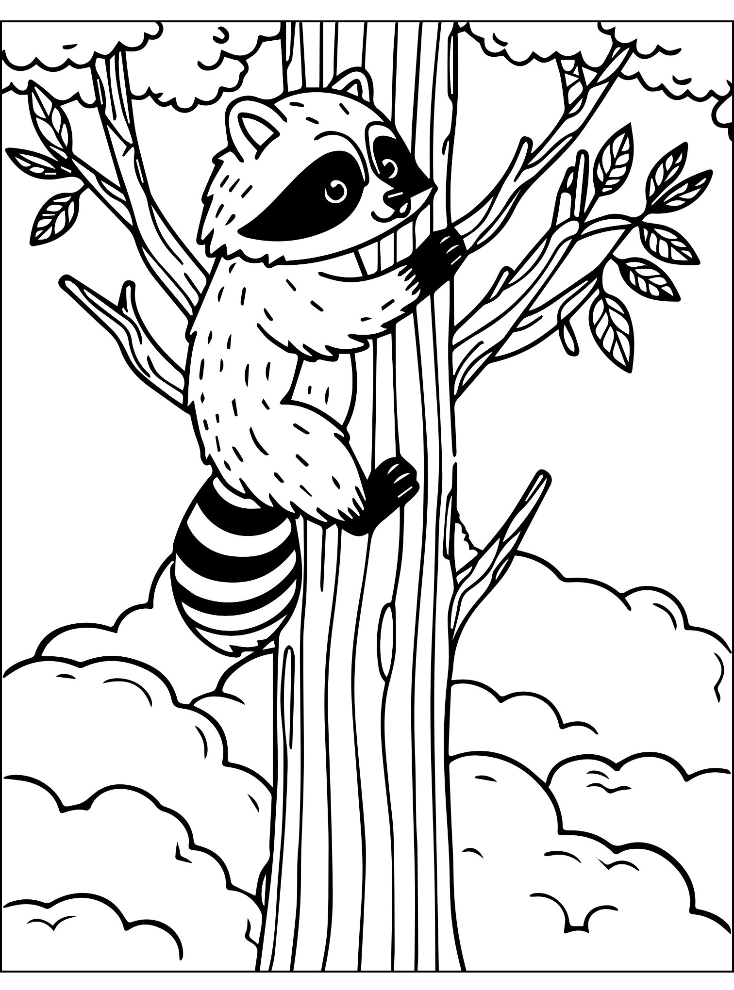 Ausmalbild Waschbär im Baum